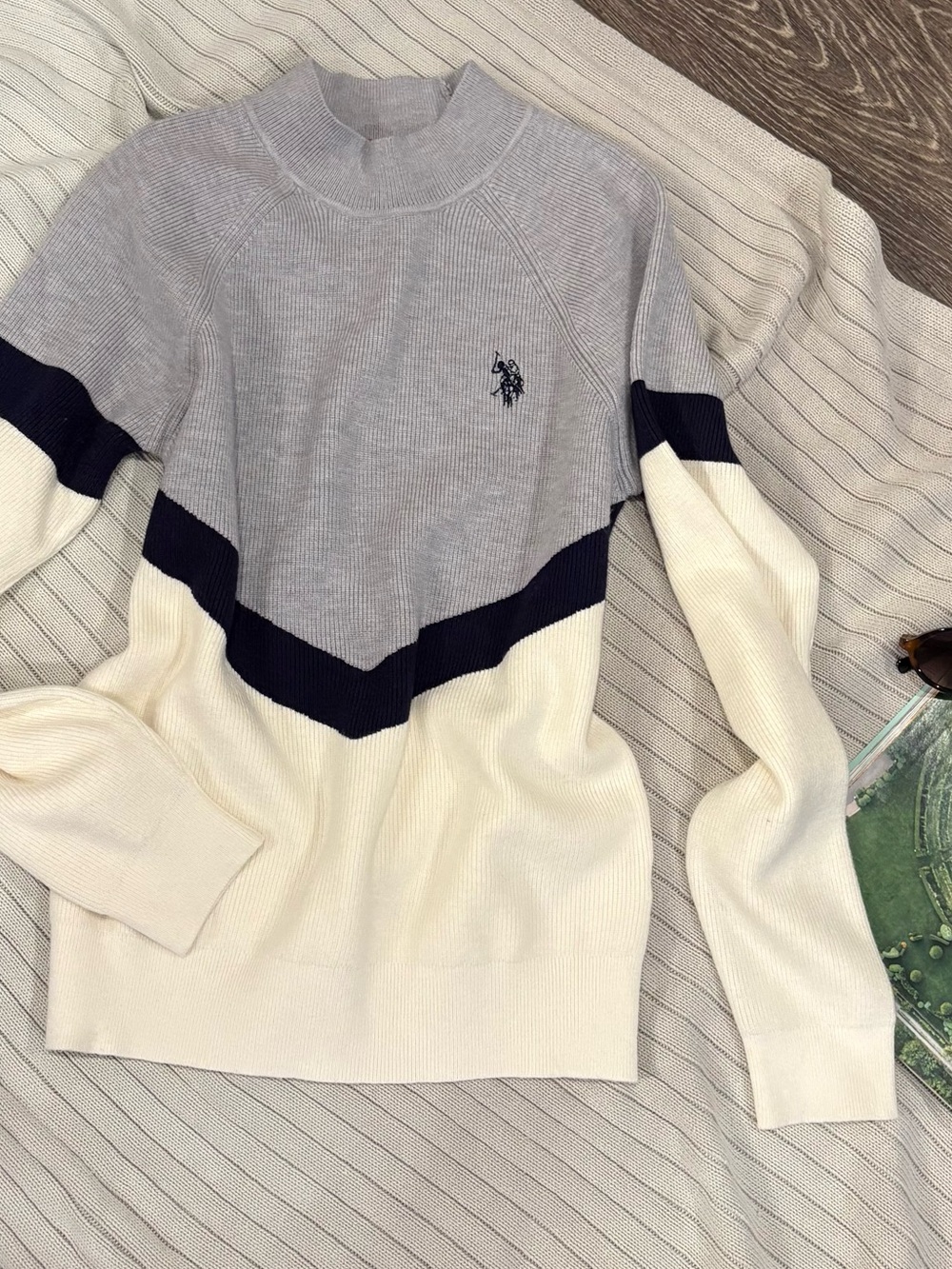 U.S. Polo Assn Mock Neck Colorblock Sweater Ivory Gray Navy Women's XS